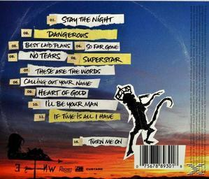 Rückseite eines CD-Covers mit Titeln und einer Silhouette. Ein farbenfroher Himmel im Hintergrund.