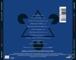Die Rückseite eines Rush-Albums mit Titelliste und Bandlogo auf blauem Hintergrund.