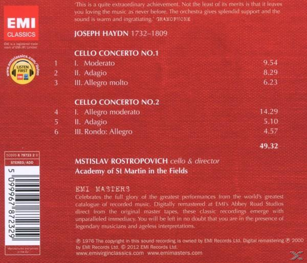 CD-Rückseite mit Text über Joseph Haydn und Cellokonzerte. Enthält Titellisten und Informationen über EMI Masters.