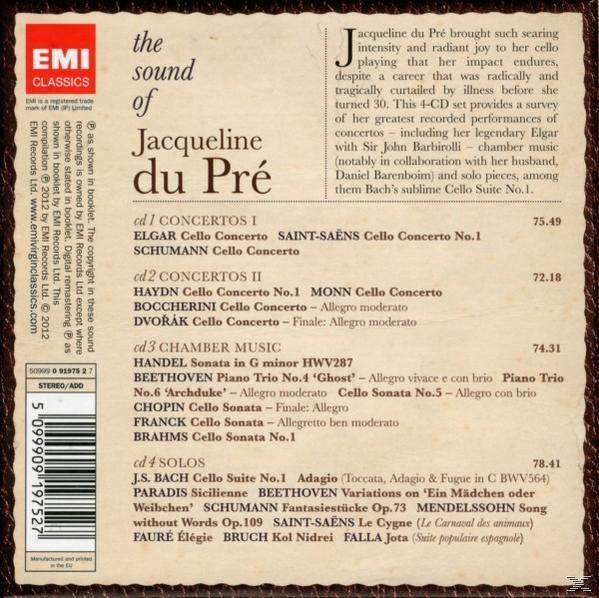 Albumcover mit Text über Jacqueline du Pré und einer Liste von Konzerten.