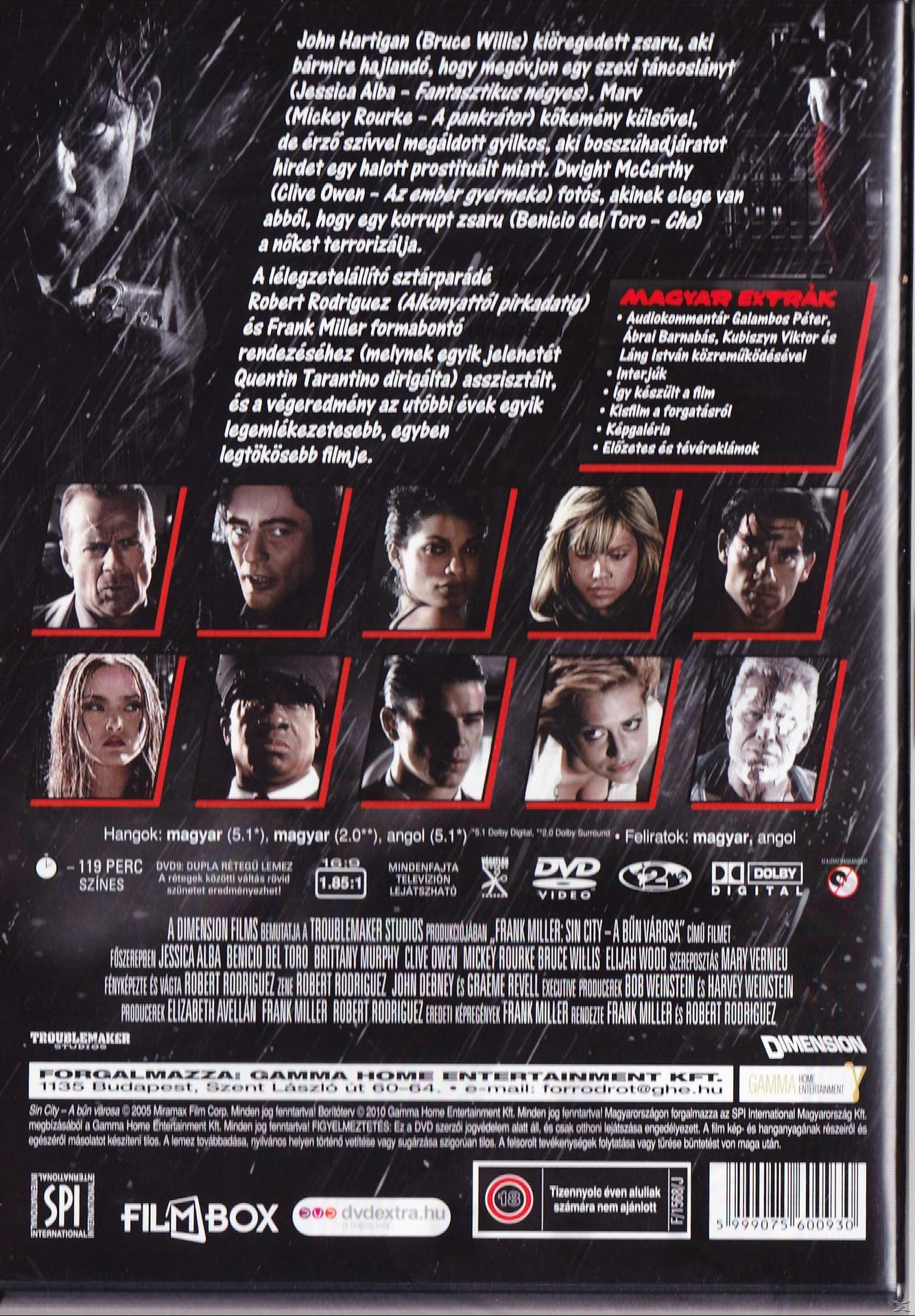 A 'Sin City' DVD hátlapja. A szereplők képei és a film részletei sötét háttér előtt láthatók.