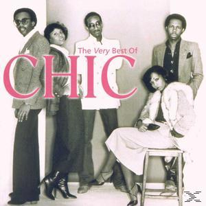 The Very Best Of CHIC Albumcover. Zeigt fünf Personen in Anzügen und Kleidern. Pinkfarbener CHIC-Text.