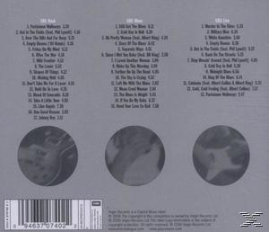 Albumcover mit drei kreisförmigen Abschnitten mit Titellisten für drei verschiedene Genres.