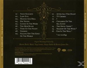 Rückseite des Black Sabbath Albums mit Titelliste und Textdetails in Gold.