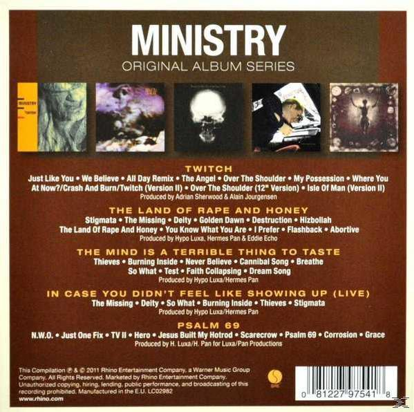 CD-Rückseite mit Titellisten und Bandnamen. Ministry, Original Album Series.