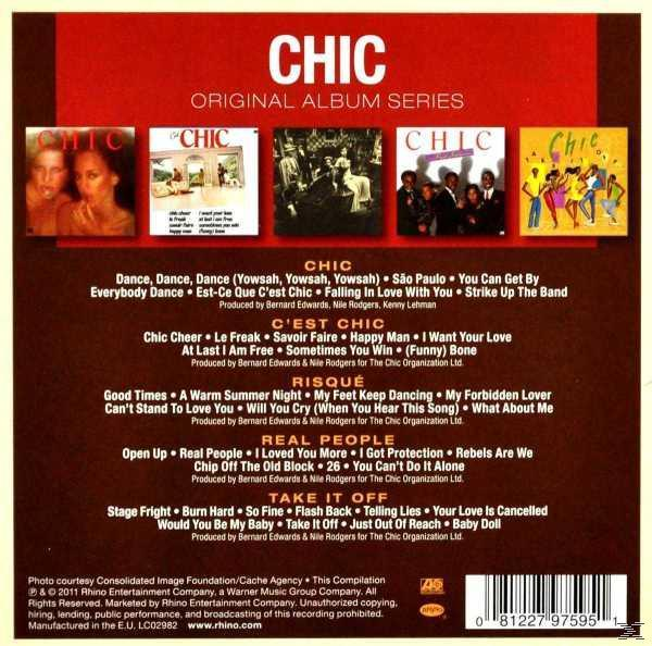 Albumcover für CHIC. Enthält fünf Albumcover. Text listet Songs des Albums auf.