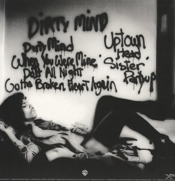 Albumcover mit Texten: Dirty Mind, Uptown usw. Eine Frau liegt zurückgelehnt auf einem Bett und blickt nach oben.
