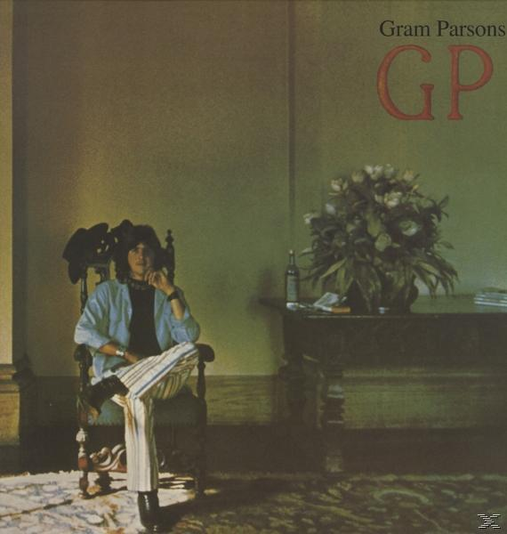 Albumcover mit Gram Parsons, der in einem Stuhl sitzt, mit Blumenstrauß und Flasche.