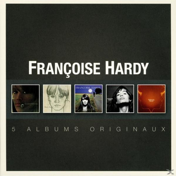 Albumcover: Françoise Hardy, fünf Albumcover in einer Reihe. Schwarzer Hintergrund. Weißer Text.