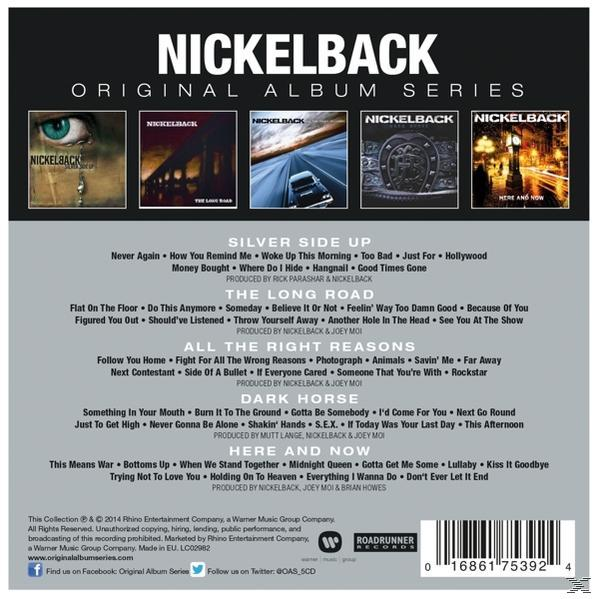 CD-Rückseite mit Songtiteln von Nickelback-Alben.