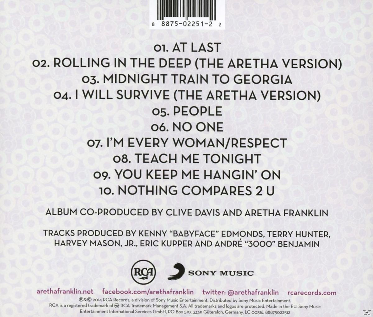 Aretha Franklin Album-Rückseite, Tracklist und Credits auf weißem Hintergrund.