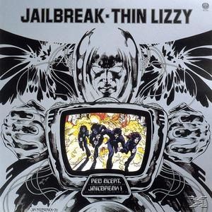 Thin Lizzy Jailbreak Albumcover, Band in einem Fernsehbildschirm, Schwarzweißgrafiken.