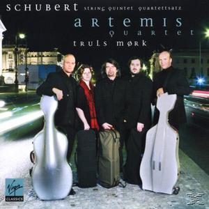 Albumcover mit Streichquartett, das Instrumente hält, bei Nacht.