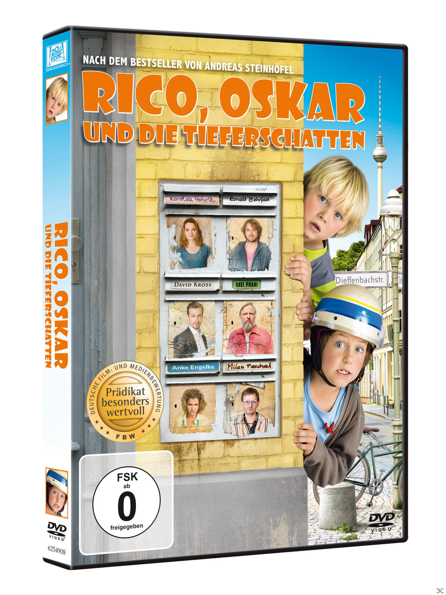 DVD-Hülle für Rico, Oskar und die Tieferschatten, mit zwei Jungen und einem Briefkasten.
