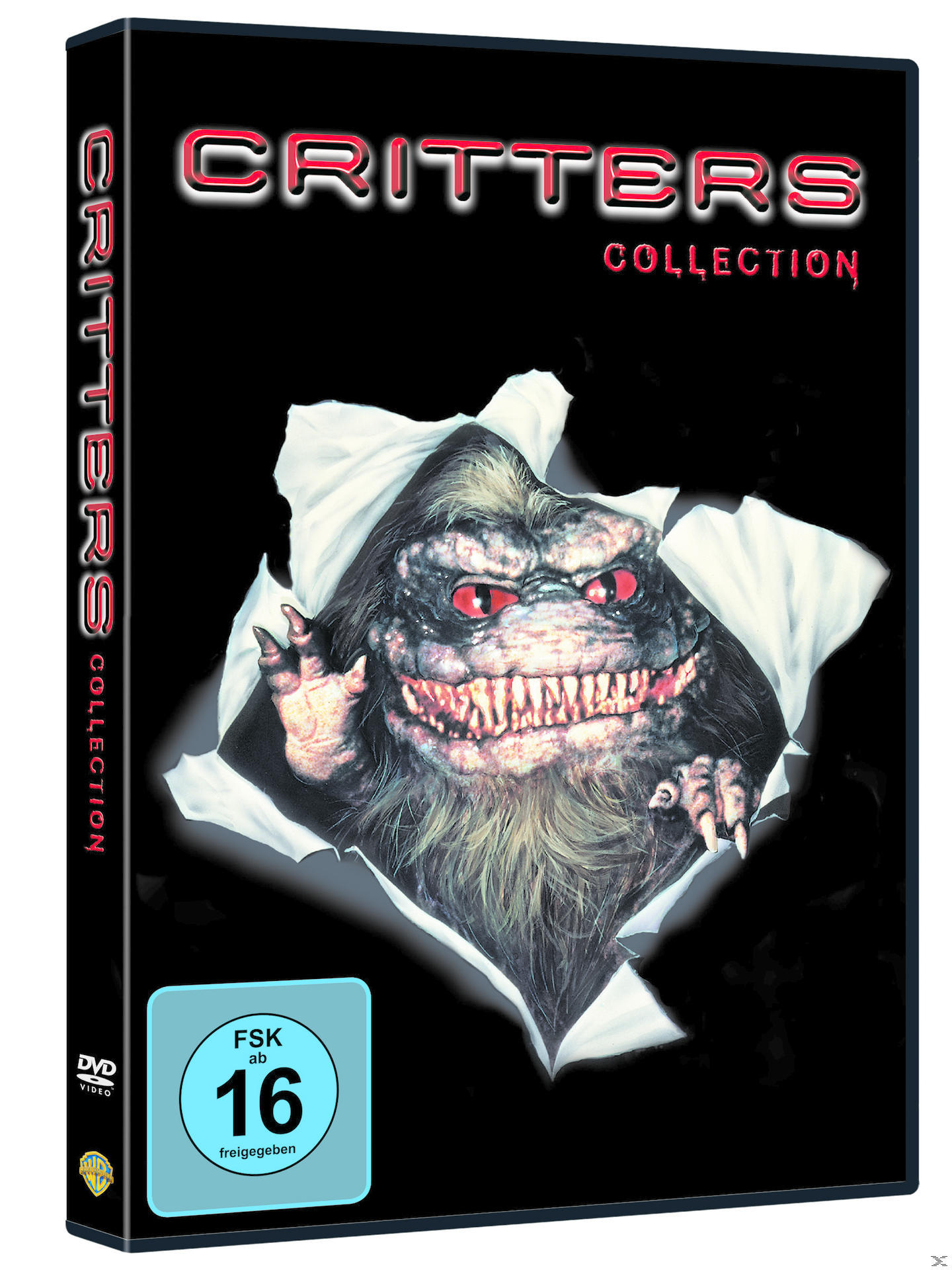 DVD-Cover mit einem Monster, das durch das Papier bricht. Der Titel lautet Critters Collection.