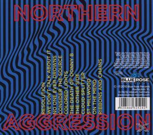 Albumcover mit einem blau-roten Streifenmuster. Der Albumtitel lautet 'Northern Aggression'.