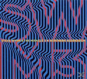 Albumcover mit gestreiftem Hintergrund, Text und abstrakten Linien.