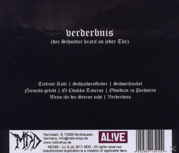 Albumcover mit Text. Schwarzer Hintergrund mit weißem Text. MDD-Logo unten.