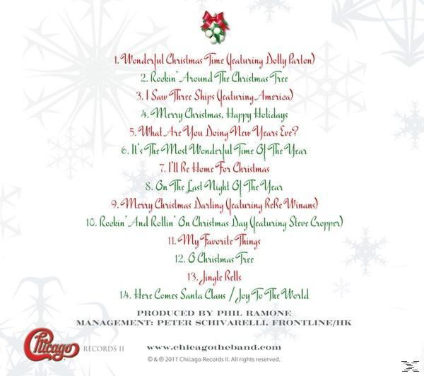 Rückseite eines CD-Gehäuses mit Weihnachtsmotto, listet Lieder auf und enthält einen Weihnachtsbaum und Schneeflocken.