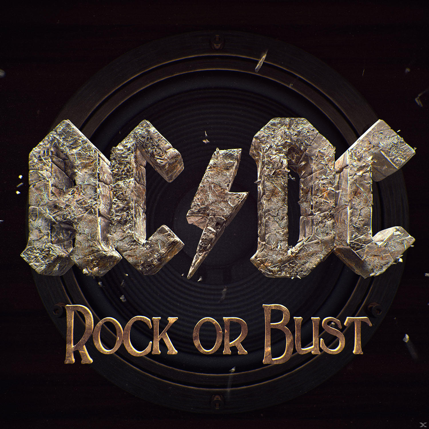 AC/DC Rock or Bust Albumcover. Das Bandlogo in Steinoptik, mit Blitz und dunklem Hintergrund.