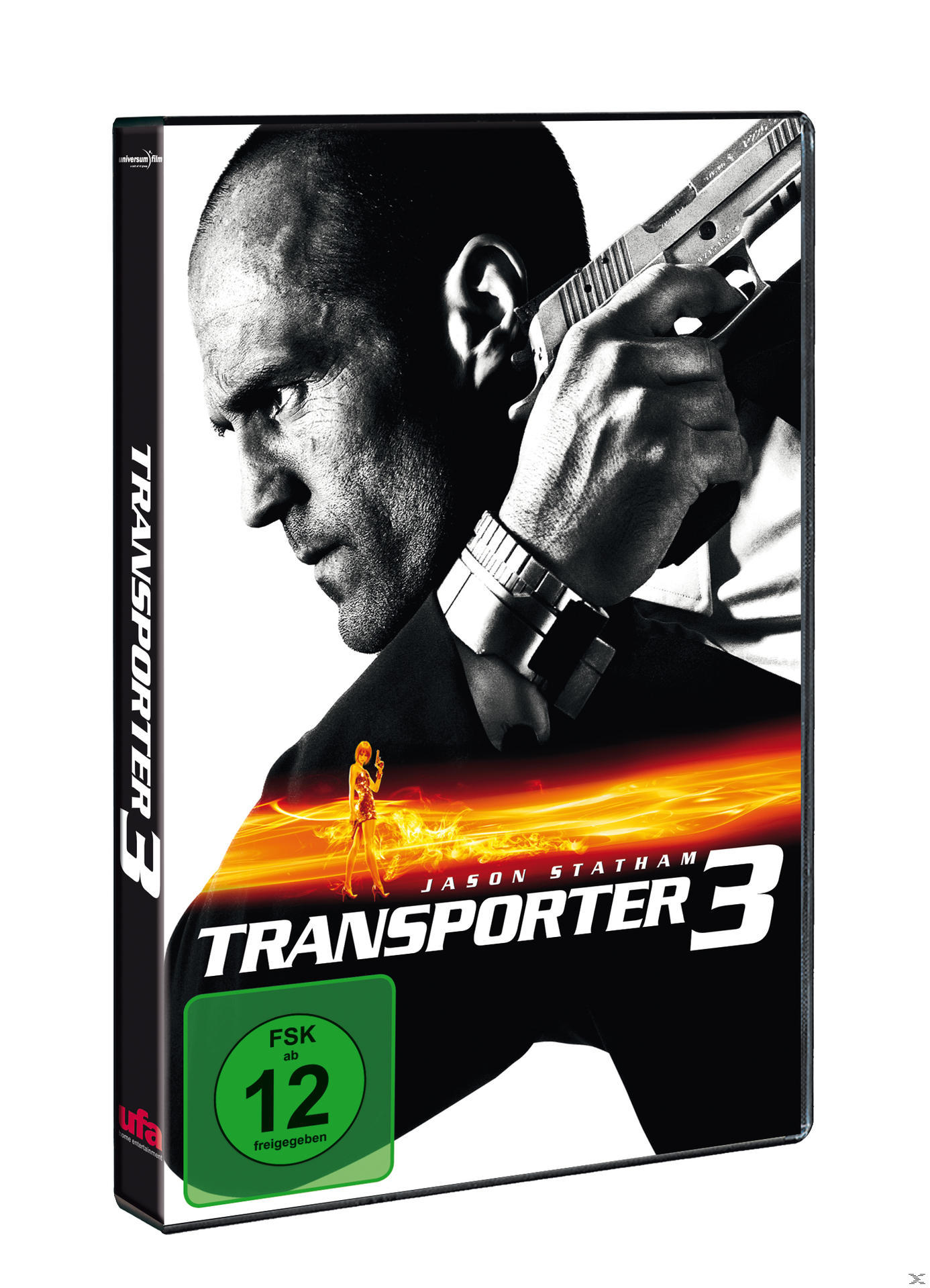 Transporter 3 DVD-Hülle. Jason Statham mit Waffe. Orangefarbenes Licht. Grünes Bewertungssiegel.