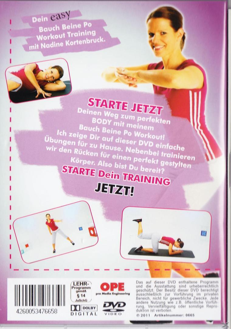 DVD-Cover mit einer Frau in rotem Oberteil, die ein Training zeigt. Der Text enthält "Bauch Beine Po Workout!" und "Starte Jetzt!".