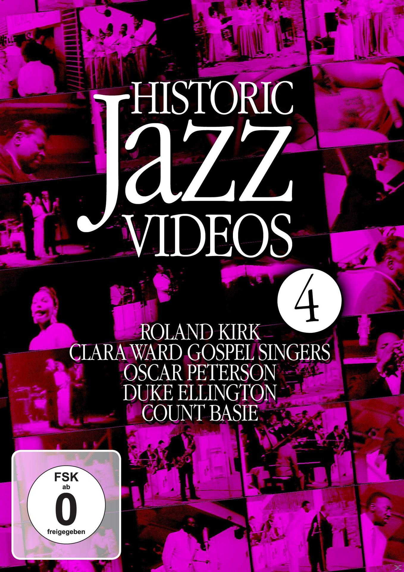 DVD-Cover für 'Historic Jazz Videos 4'. Es zeigt verschiedene Bilder von Jazzmusikern und den Titel.
