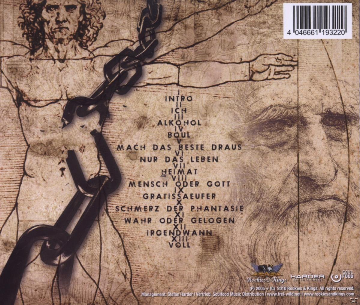 Rückseite des Albums mit Text und einer Darstellung einer Person mit Ketten und einem Gesicht im Hintergrund.