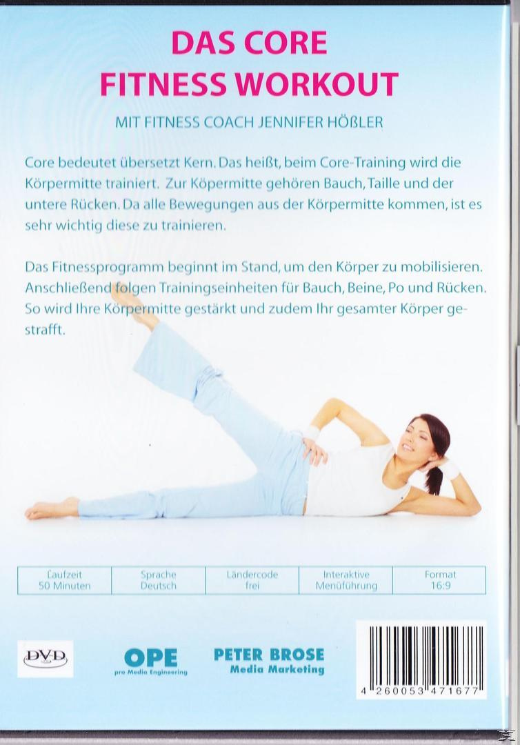 DVD-Cover: Frau in blauer Hose beim Training, Titel "Das Core Fitness Workout".