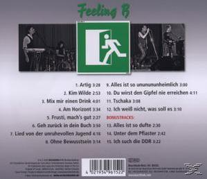 CD-Rückseite mit Text über Songs und Band, einem grünen Ausgangsschild und einem Barcode. Titel: Feeling B.