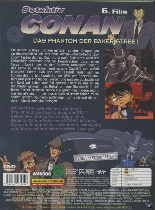 DVD-Cover für Detektiv Conan-Film. Die Rückseite zeigt eine Zusammenfassung, Charaktere und den deutschen Filmtitel.