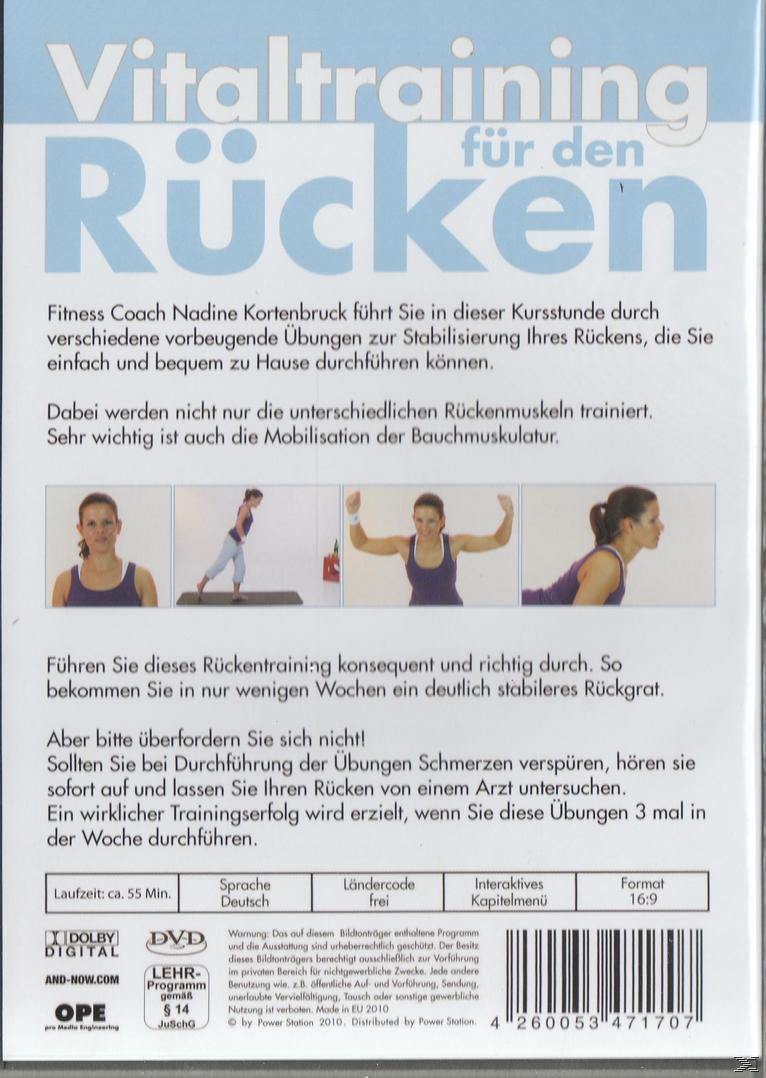 DVD-Cover für "Vitaltraining für den Rücken", mit einer Frau, die Übungen demonstriert, mit Text.
