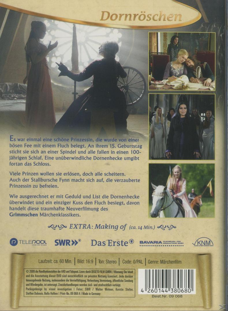 Dornröschen DVD Rückseite. Enthält verschiedene Bilder, Text und Charaktere auf weißem Hintergrund.