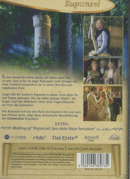 DVD-Cover: Text auf Deutsch, Bilder von einem Schloss, einer Frau. Text 'Rapunzel'.