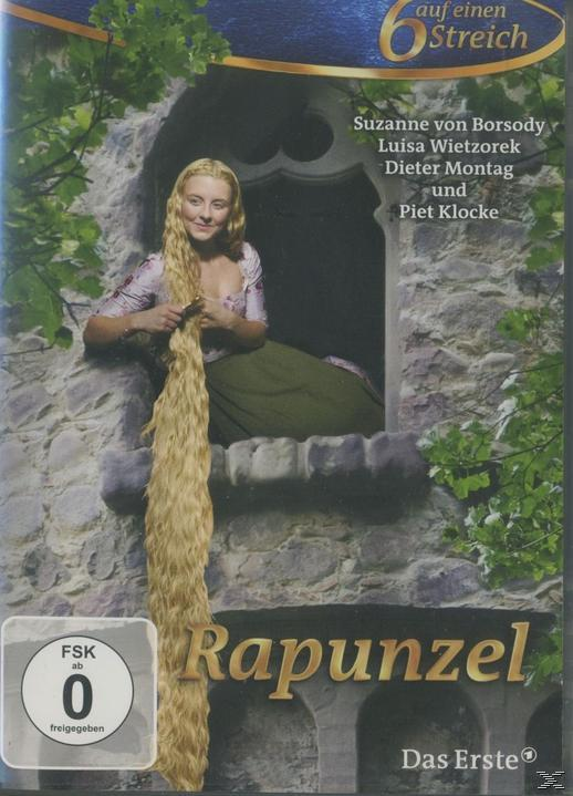 Rapunzel DVD-Cover. Frau mit langen blonden Haaren in einem Fenster. Text nennt Titel und Namen der Darsteller.