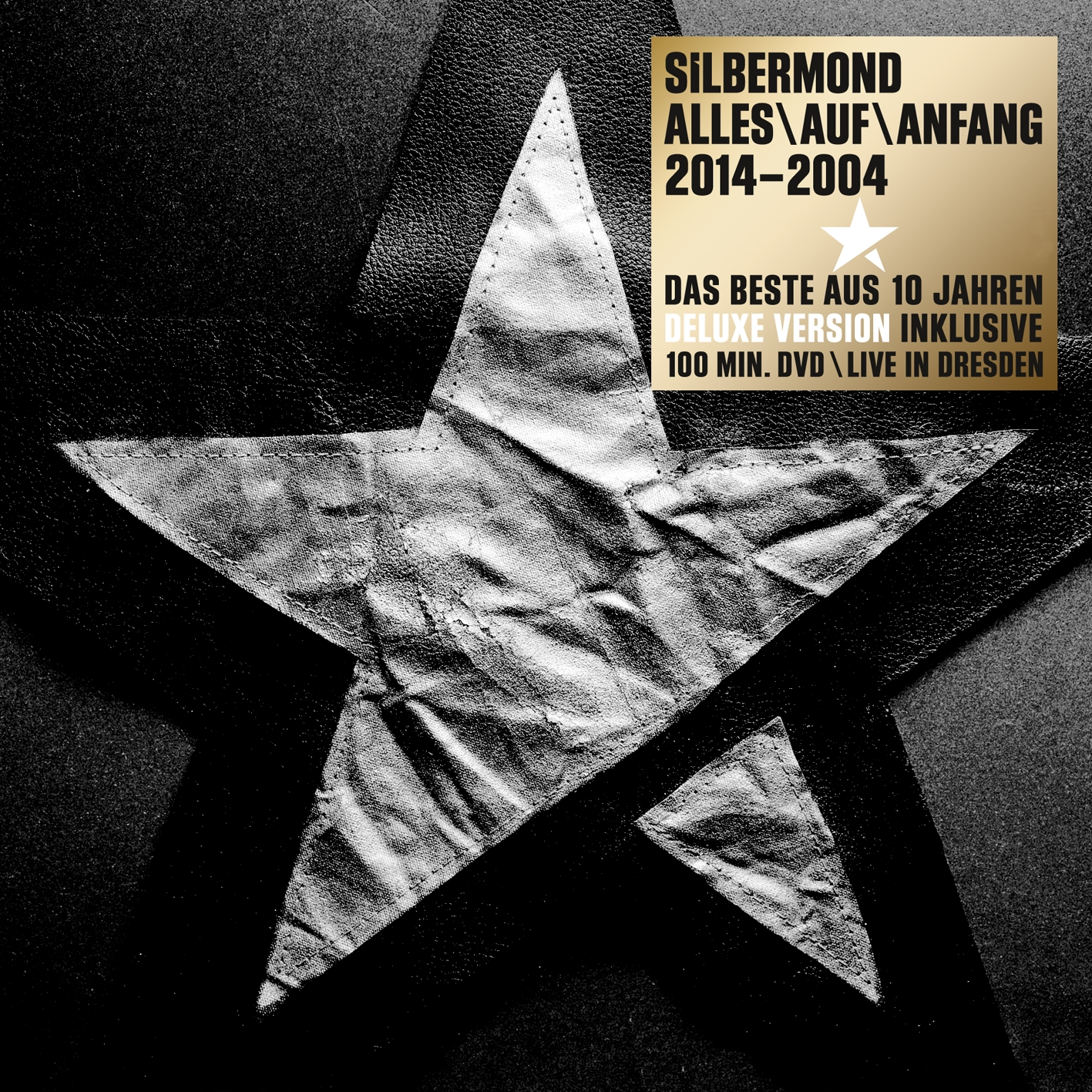 Albumcover mit einer Sternform aus genähtem schwarzem Leder. Weißer Text liest 'Silbermond' und 'Alles'.
