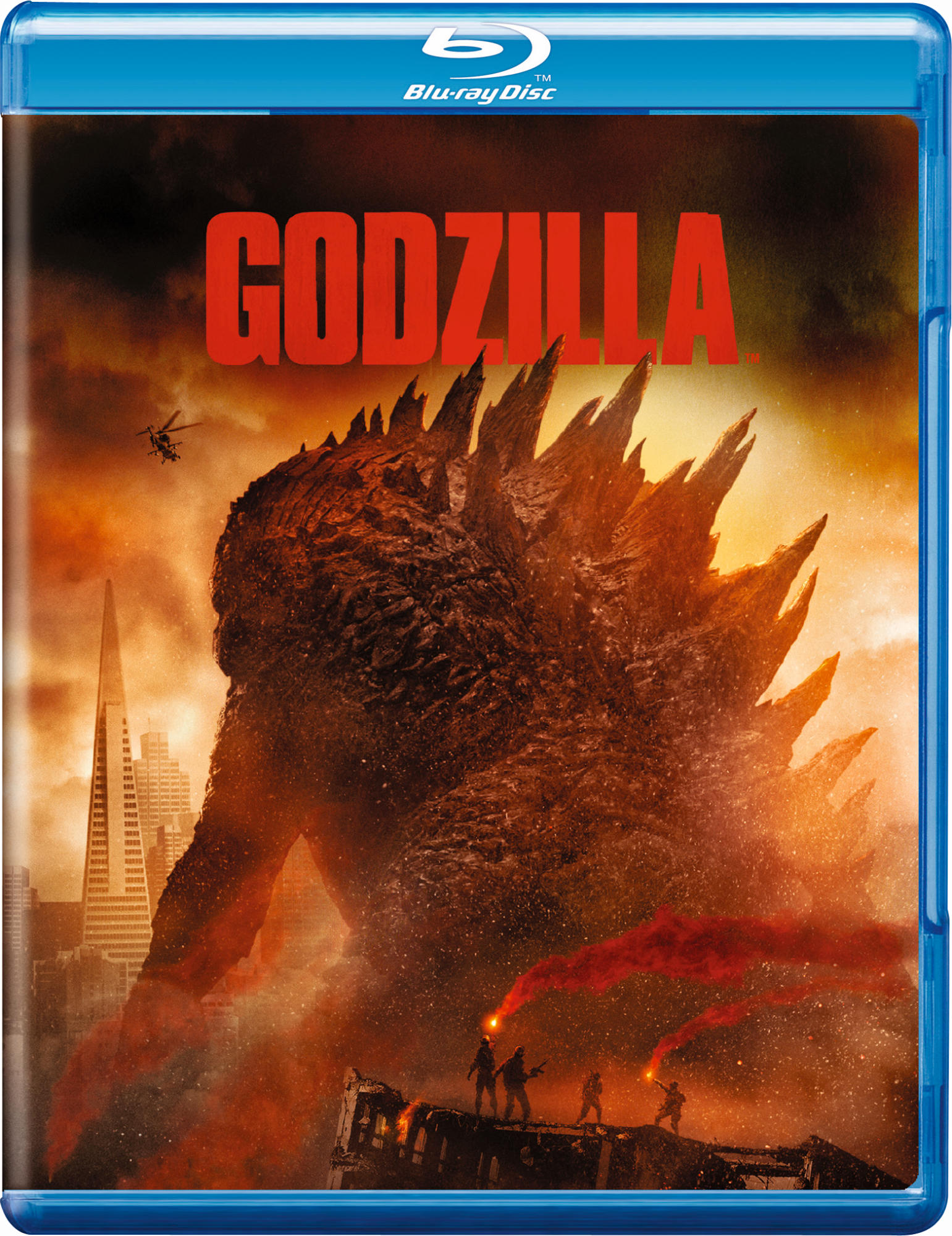 Pochette du disque Blu-ray Godzilla. Montre le dos de Godzilla et la destruction de la ville, avec un hélicoptère dans le ciel.
