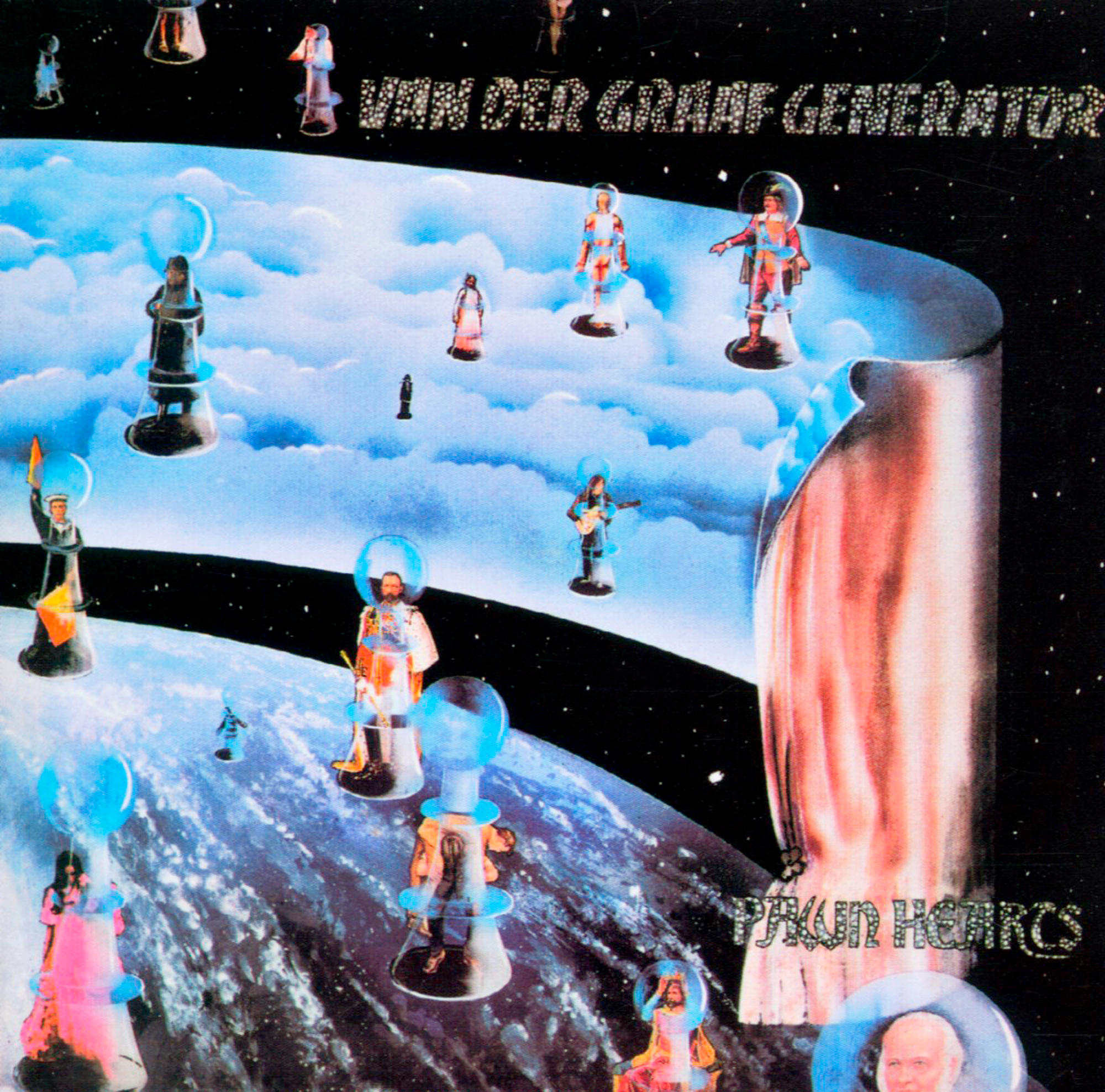 Albumcover mit Figuren in Raumanzügen, die schweben. Blauer Himmel im Hintergrund mit einem Glasrohr rechts.
