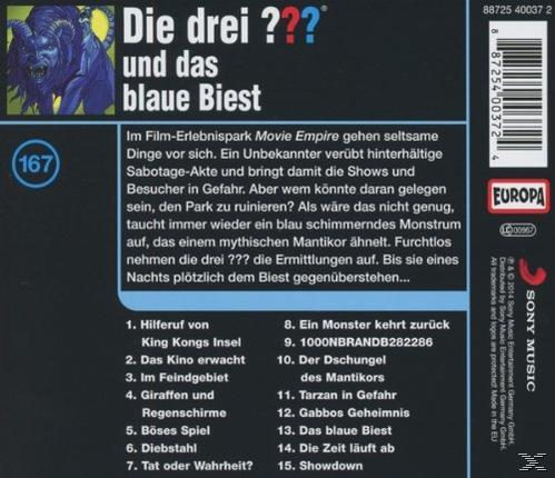 CD-Cover von 'Die drei ??? und das blaue Biest'. Enthält Text und ein blaues Wesen auf der linken Seite.