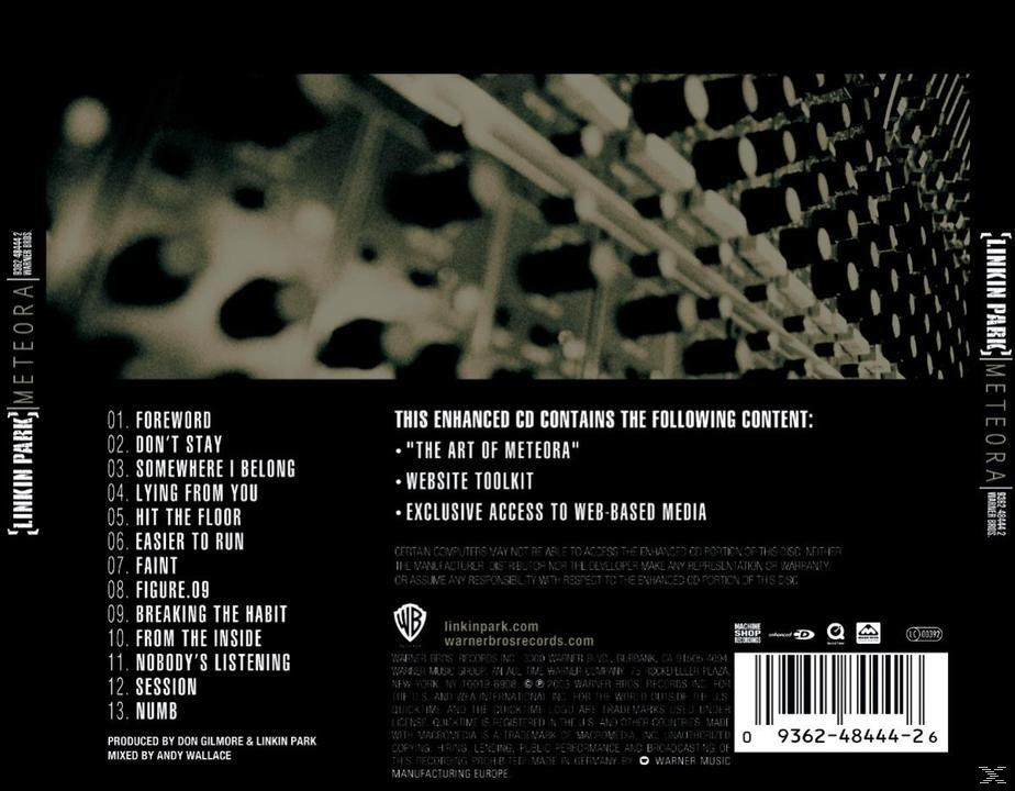 Pochette de CD de l'album Meteora de Linkin Park. Comprend la liste des titres, le nom du groupe et le titre de l'album. Détails du contenu amélioré.