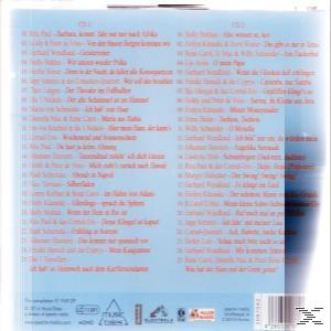Albumcover mit Titellisten. Hellblauer Hintergrund, roter Text. Tracks von CD1 & CD2. Künstler und Details sind sichtbar.