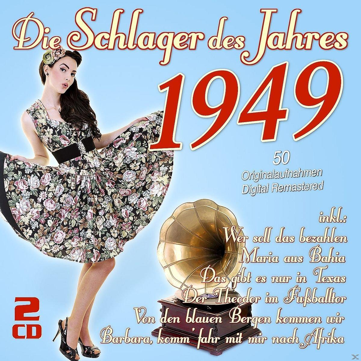 Albumcover mit Frau im Blumenkleid, Grammophon und Text 'Die Schlager des Jahres 1949'.