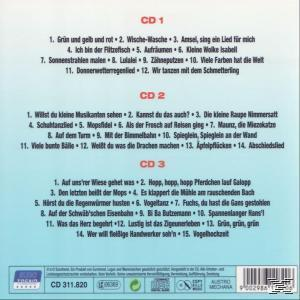 Rückseite einer CD-Hülle mit einer Liste von Liedern auf Deutsch und blauem Hintergrund.