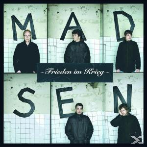 Albumcover. 6 Personen, zwei Reihen, eine mit einem zentralen Banner mit der Aufschrift "Frieden im Krieg".