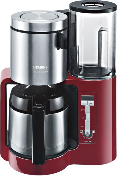 Rote und silberne Siemens Kaffeemaschine mit transparentem Wassertank.