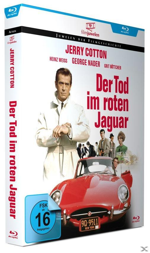 Filmposter. Mann im weißen Mantel steht neben einem roten Jaguar. Der Text lautet "Der Tod im roten Jaguar".