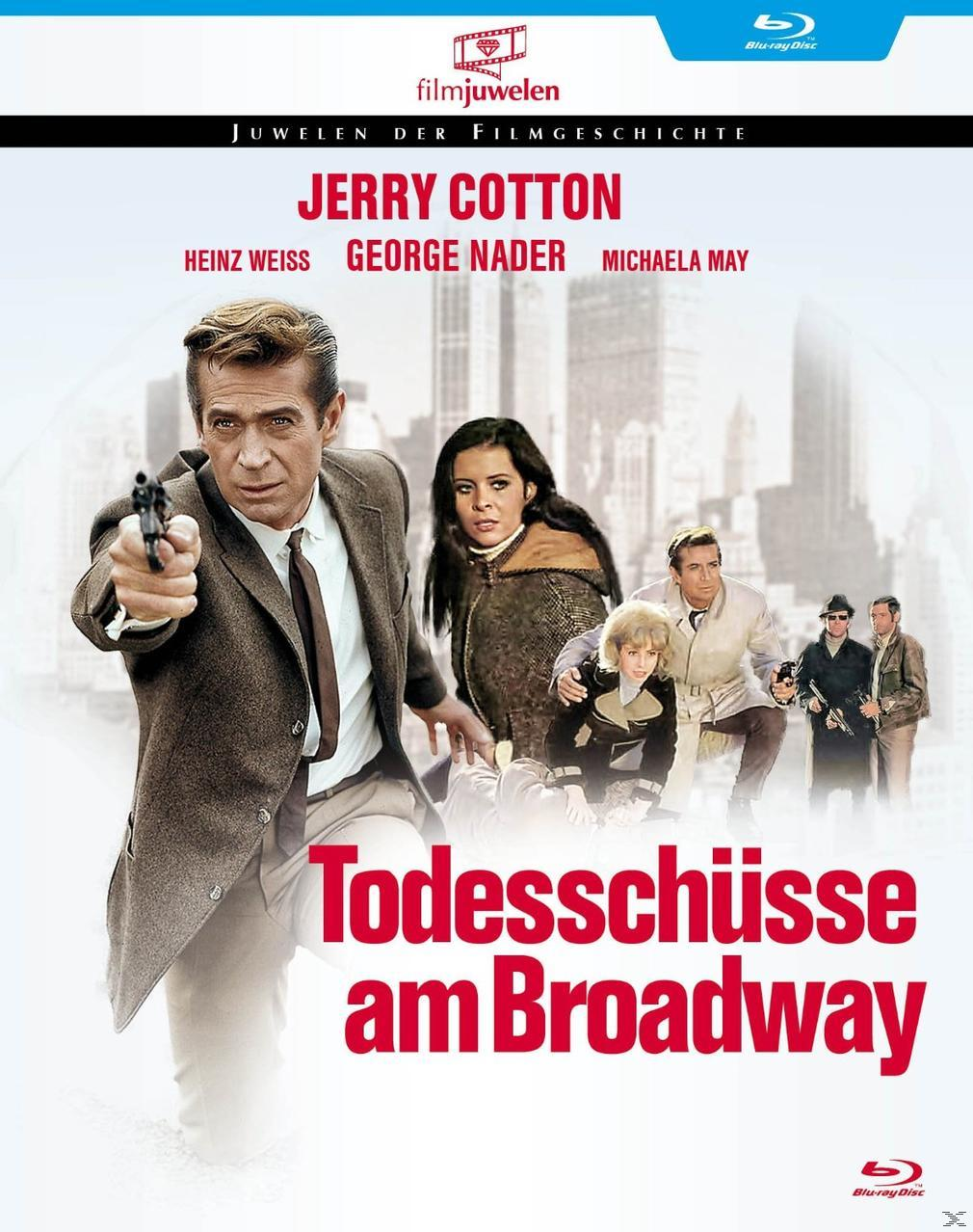 Filmcover: Mann mit Waffe, Titel 'Todesschüsse am Broadway'. Personen im Hintergrund. Blu-ray Disc Logo.