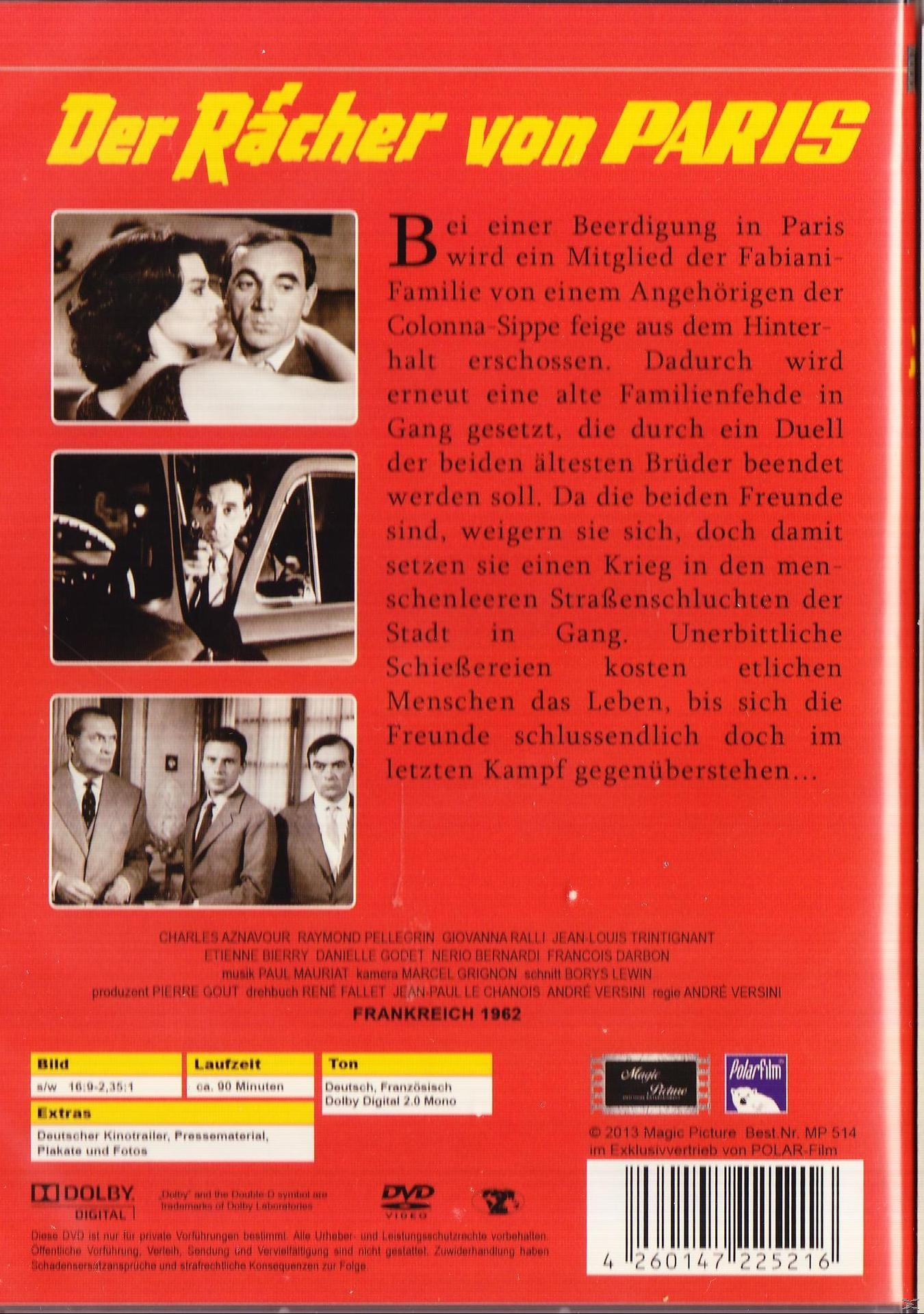 DVD-Cover. Schwarzweißfoto von Menschen, Text auf Deutsch. Titel: Der Rächer von Paris.