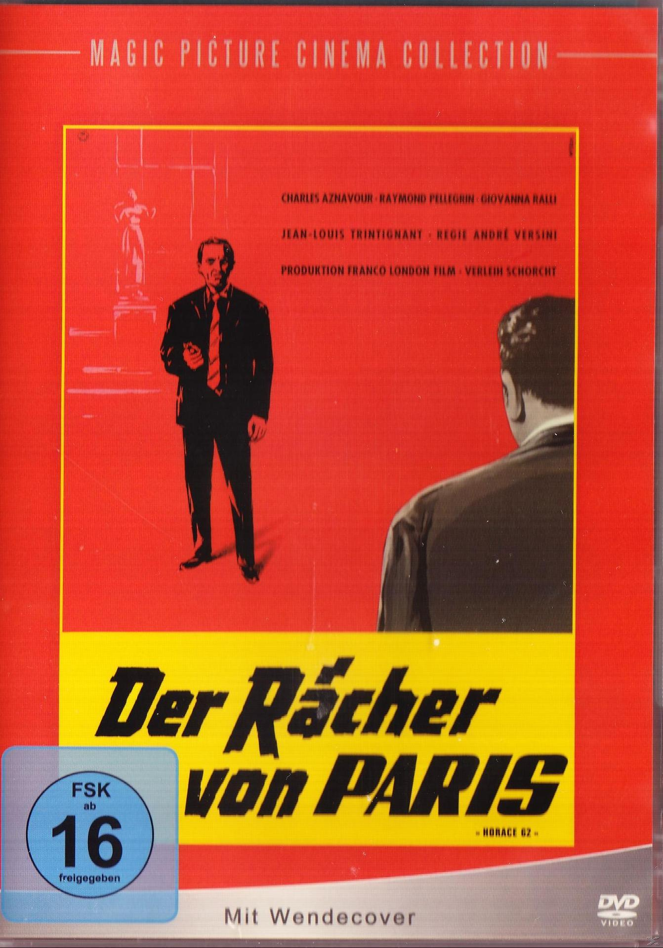 Filmplakat: Mann im Anzug, roter Hintergrund, deutscher Text, 'Der Rächer von Paris'.