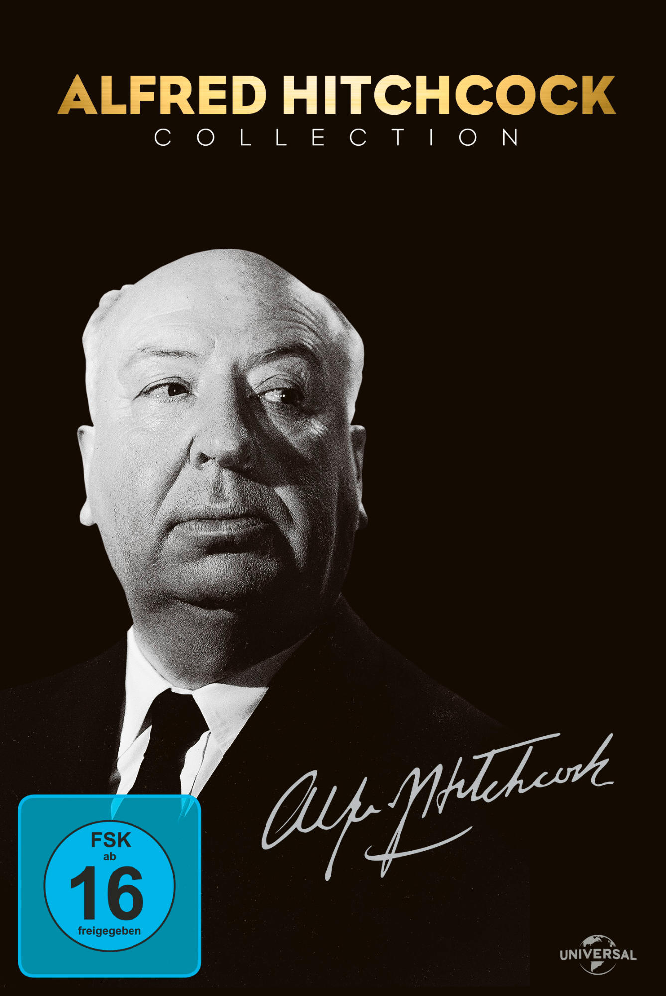 Alfred Hitchcock DVD-Cover. Schwarz-Weiß-Bild von Hitchcocks Gesicht, seiner Unterschrift und Text.
